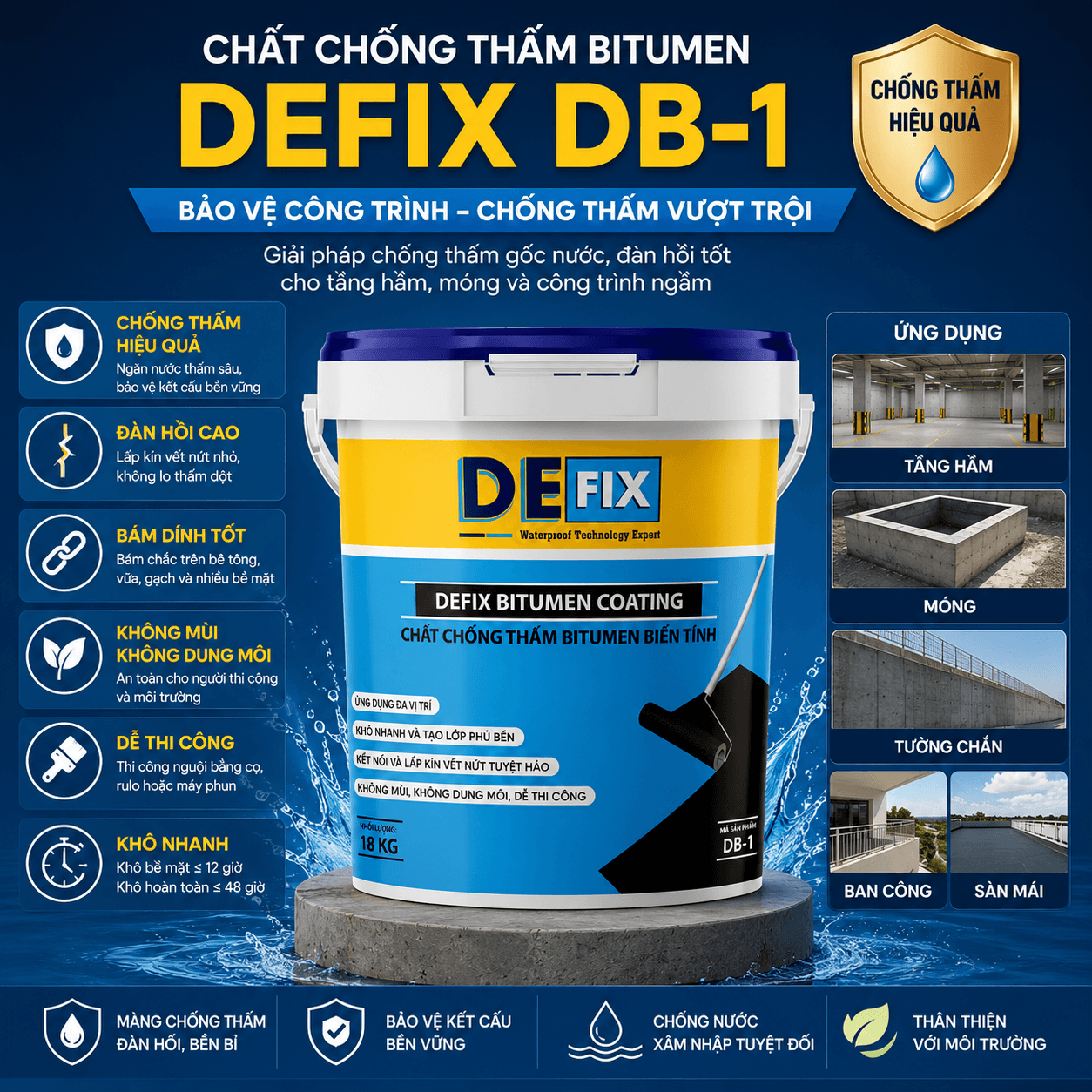 Chất Chống Thấm Bitumen Tầng Hầm & Móng Đàn Hồi Tốt DEFIX DB-1