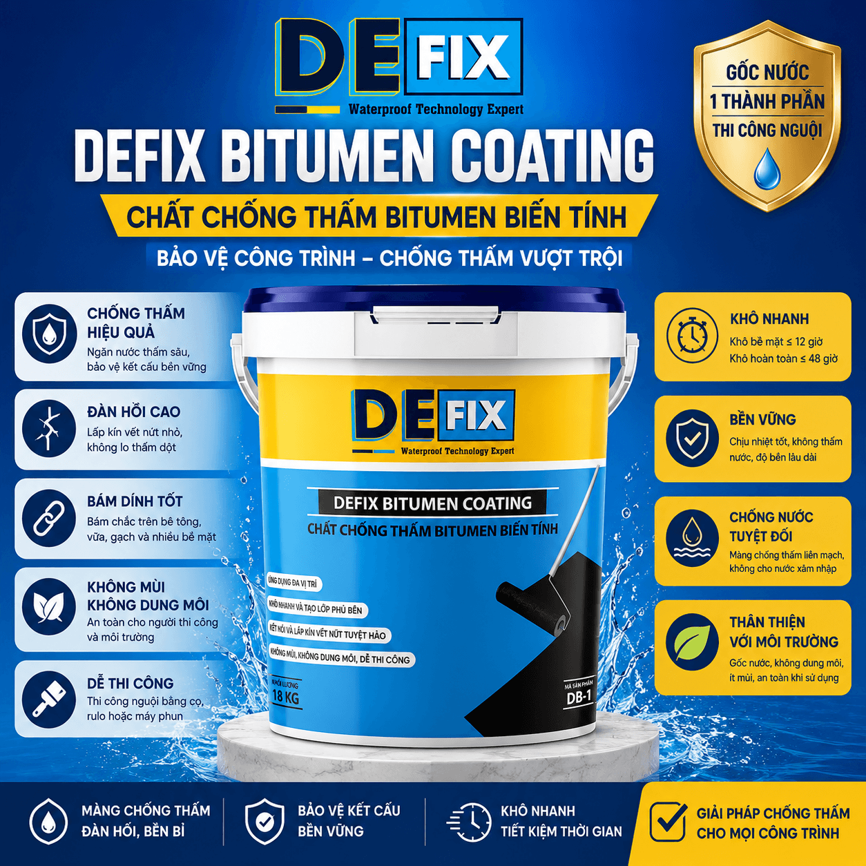 Chất Chống Thấm Bitumen Tầng Hầm & Móng Đàn Hồi Tốt DEFIX DB-1