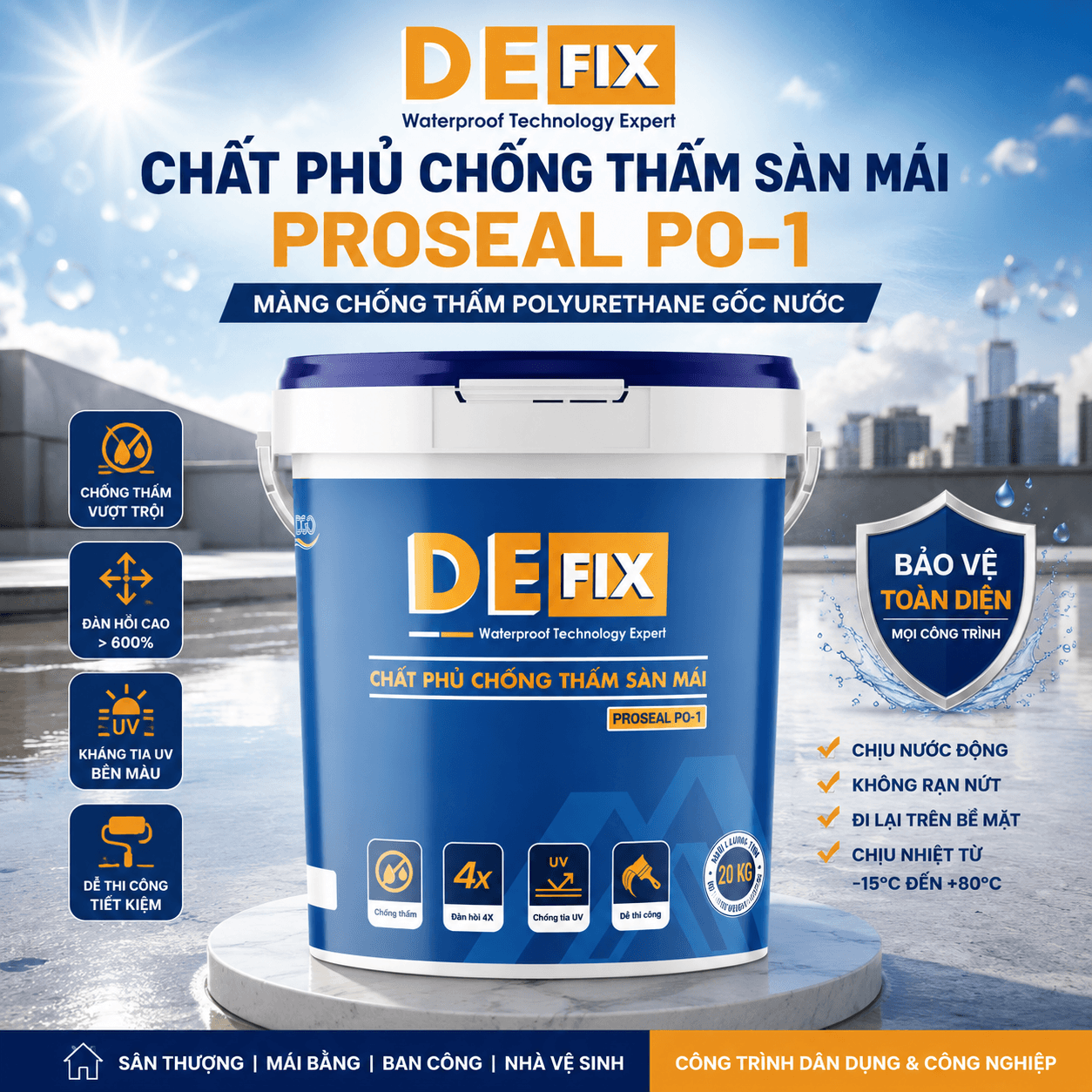 Chất Phủ Chống Thấm Sàn Mái, Chịu UV, Đàn Hồi Cao DEFIX PO-1