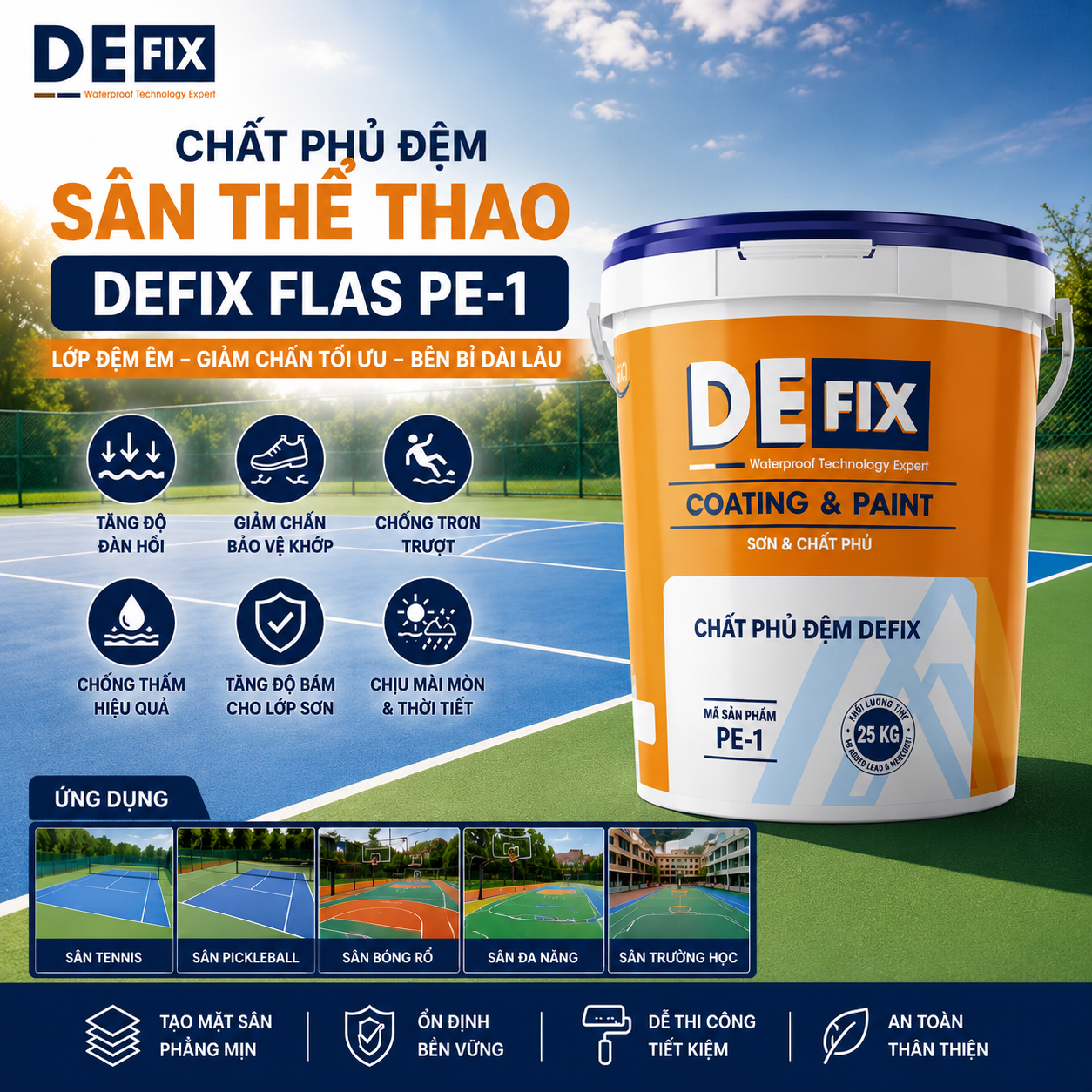 Chất Phủ Đệm Sân Thể Thao Tăng Đàn Hồi, Giảm Chấn DEFIX FLAS PE-1