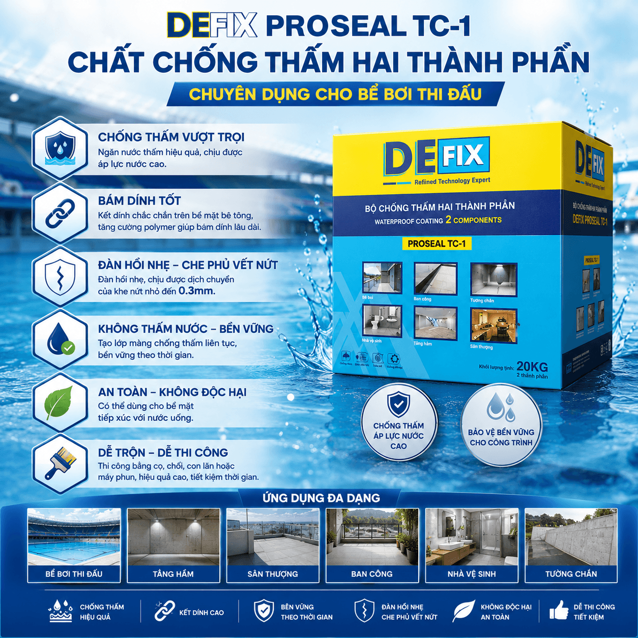 Chống thấm bể bơi chuẩn thi đấu chịu áp lực nước cao DEFIX TC-1