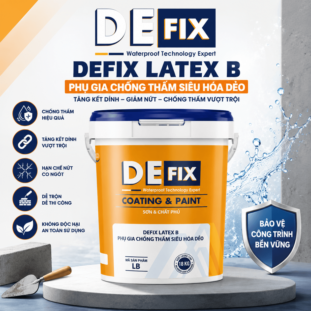 DEFIX LB – Phụ Gia Chống Thấm, Tăng Kết Dính, Siêu Hóa Dẻo Cho Xi Măng & Vữa