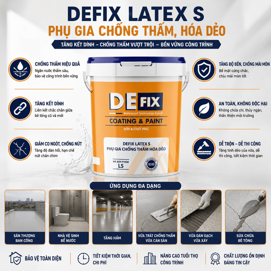 DEFIX LS – Phụ Gia Chống Thấm, Hóa Dẻo Tăng Kết Dính Cho Xi Măng Và Vữa