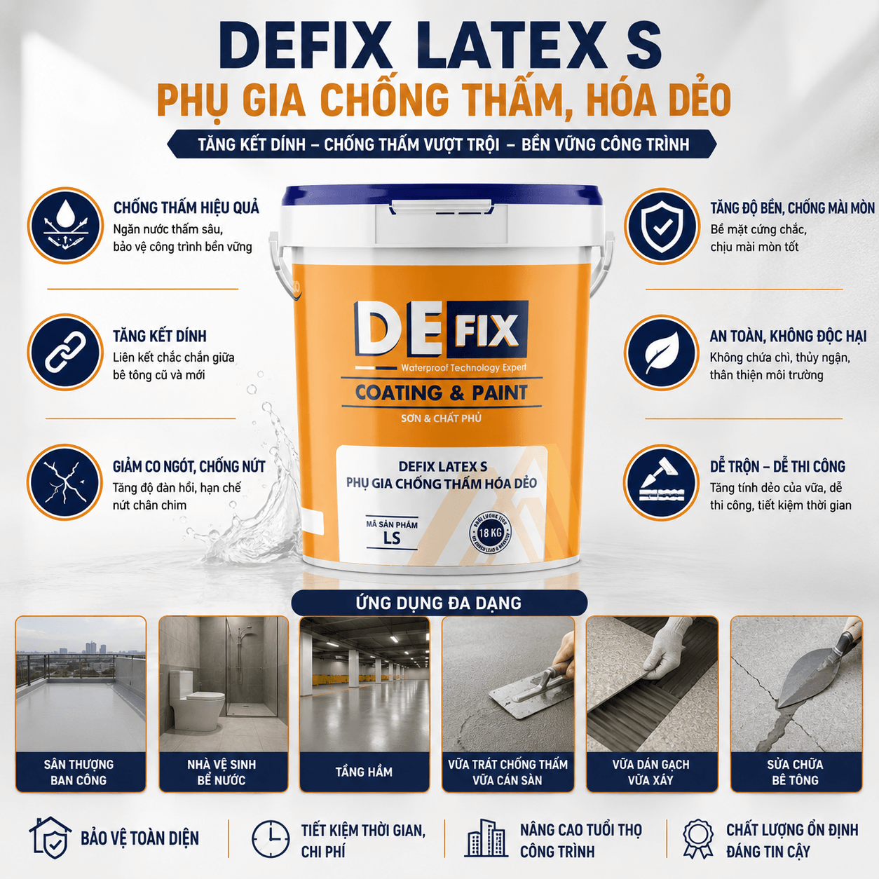 DEFIX LS – Phụ Gia Chống Thấm, Hóa Dẻo Tăng Kết Dính Cho Xi Măng Và Vữa