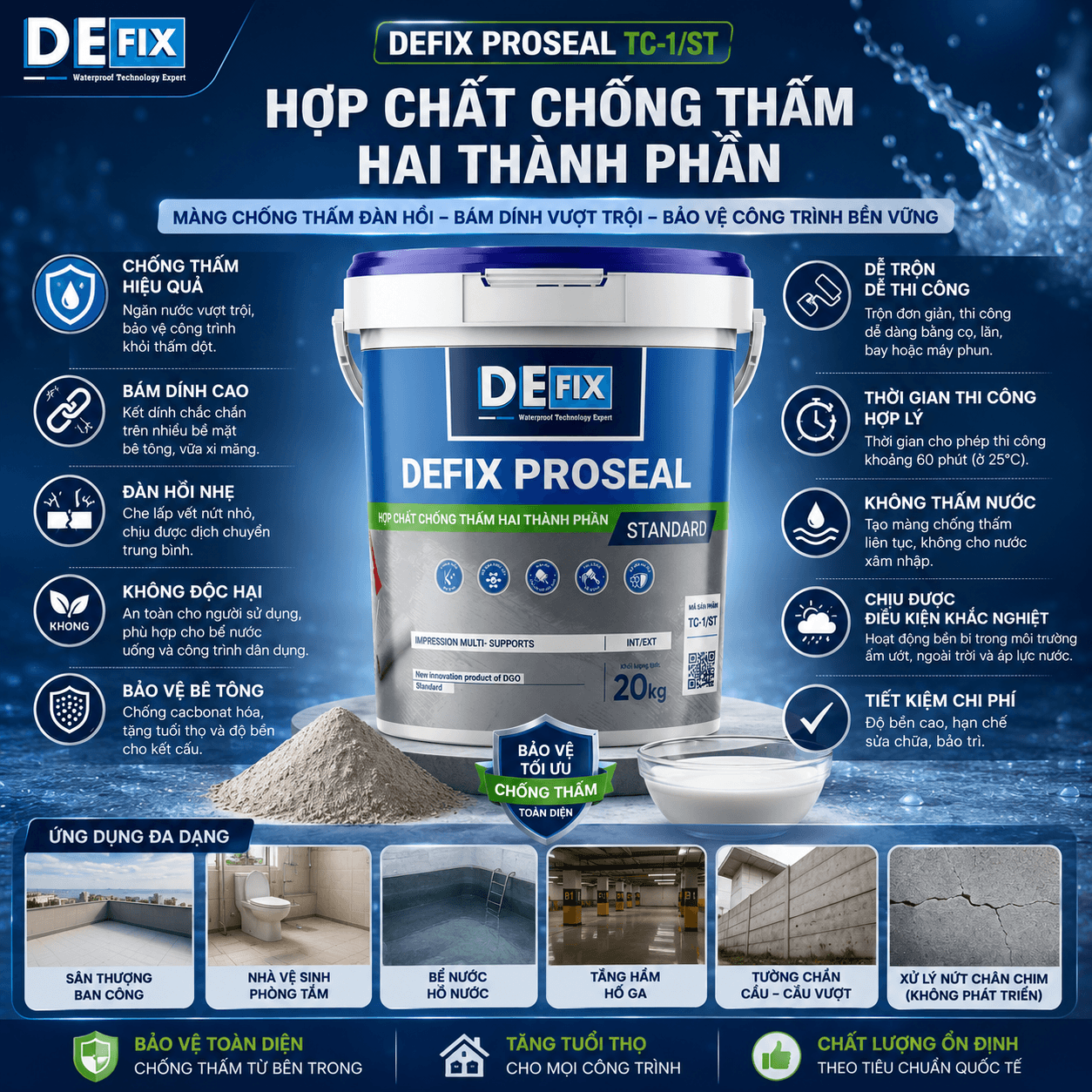 Hợp Chất Chống Thấm Cho Sân Thượng, Nhà Vệ Sinh, Bê Tông DEFIX TC-1/ST