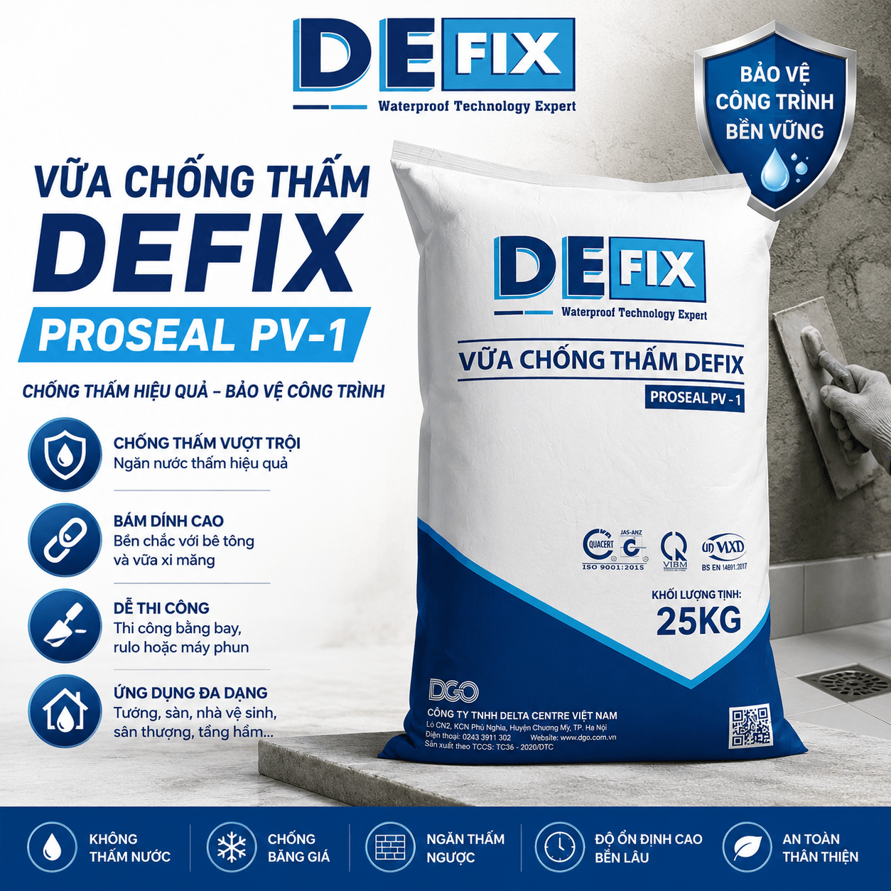 Vữa Chống Thấm Chống Thấm Tường, Sàn nhà vệ sinh DEFIX PV-1