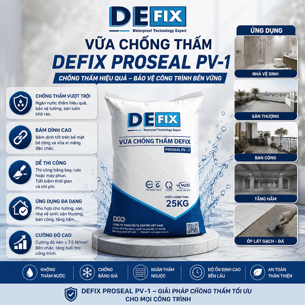 Vữa Chống Thấm Chống Thấm Tường, Sàn nhà vệ sinh DEFIX PV-1