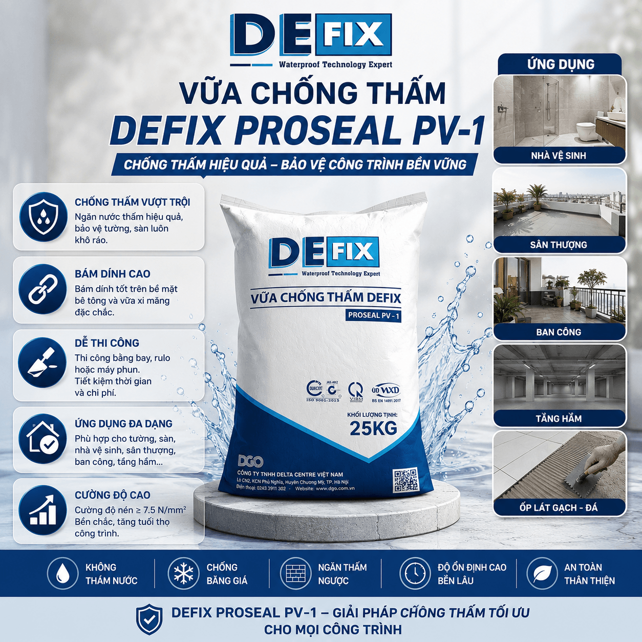 Vữa Chống Thấm Chống Thấm Tường, Sàn nhà vệ sinh DEFIX PV-1
